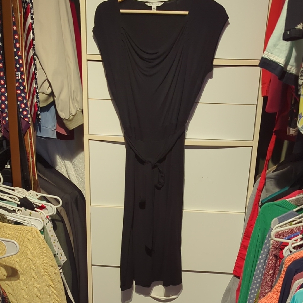 CAbi Black Sheath Midi Dress with Cowl Neck